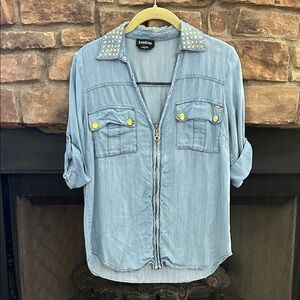 Bebe Light Blue high-low Denim Top with Studded Collar.